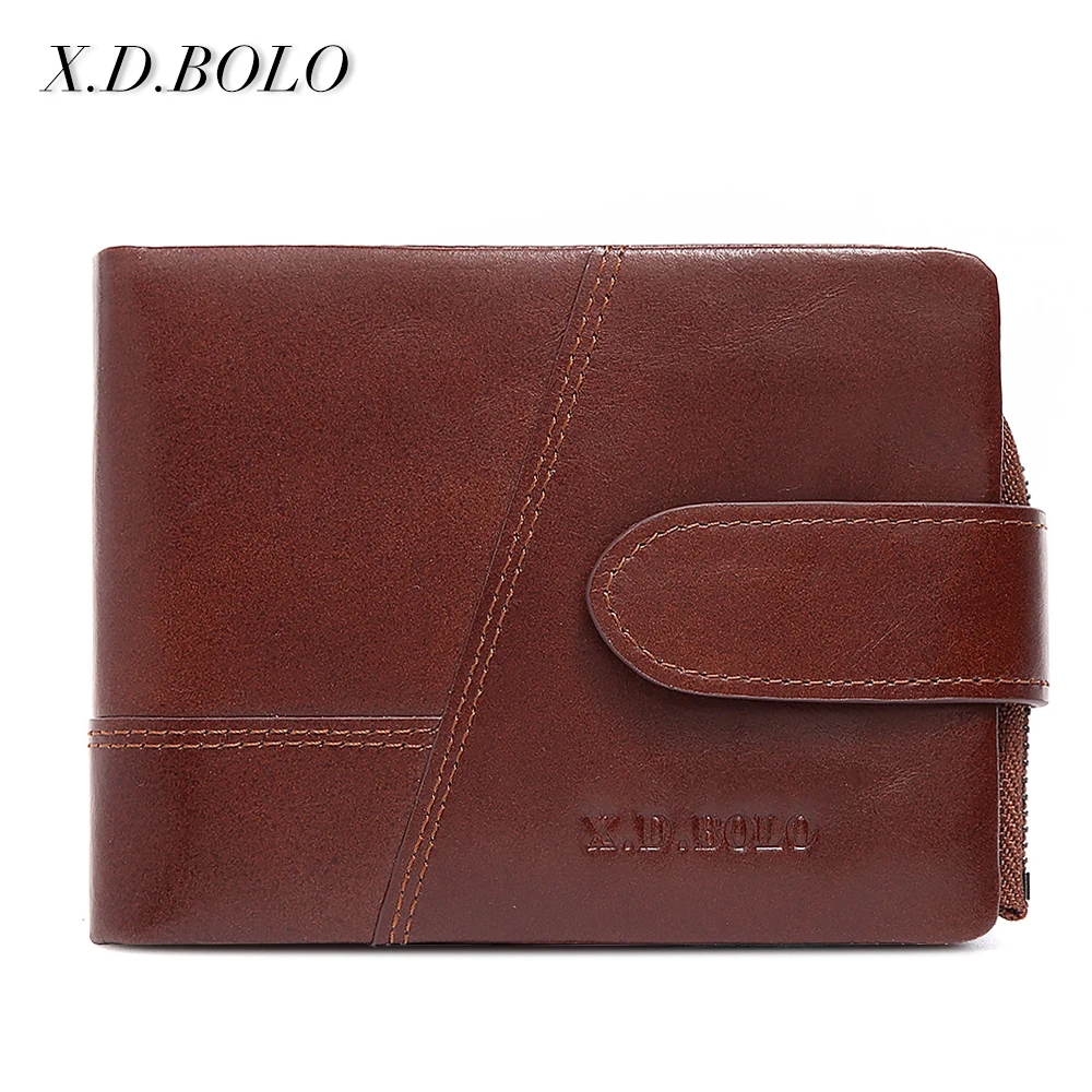 X.D.BOLO Genuine Cowhide Leather Men Wallet Trifold Wallets Fashion Design Brand Purse ID Card Holder With Zipper Coin Pocket