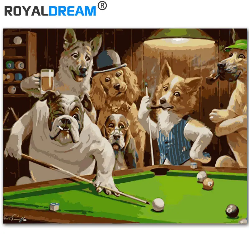 

ROYALDREAM Mr. Dog Playing Billiards DIY Painting By Numbers Kit Paint On Canvas Painting Calligraphy For Home Decor