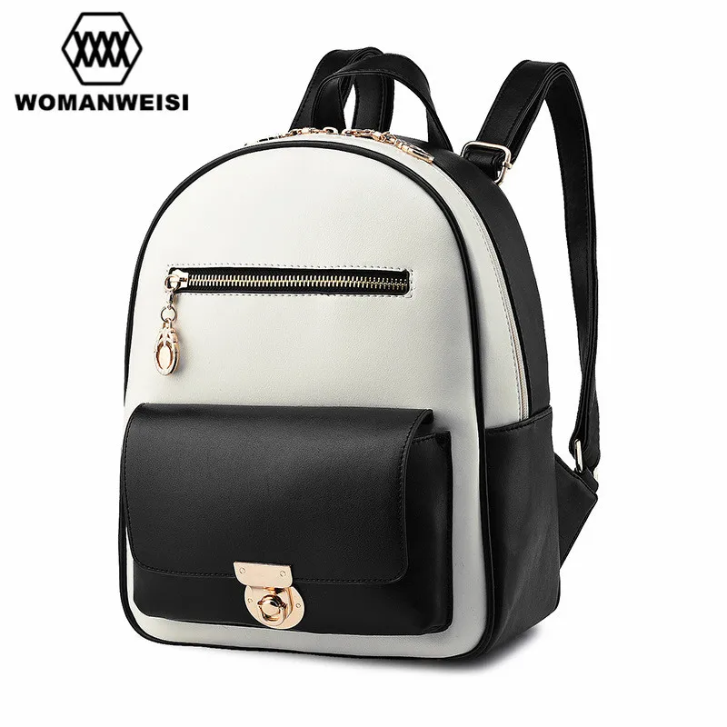Japan and Korean Style Fashion Brand White Black PU Leather Splice Backpack Women School Bags For