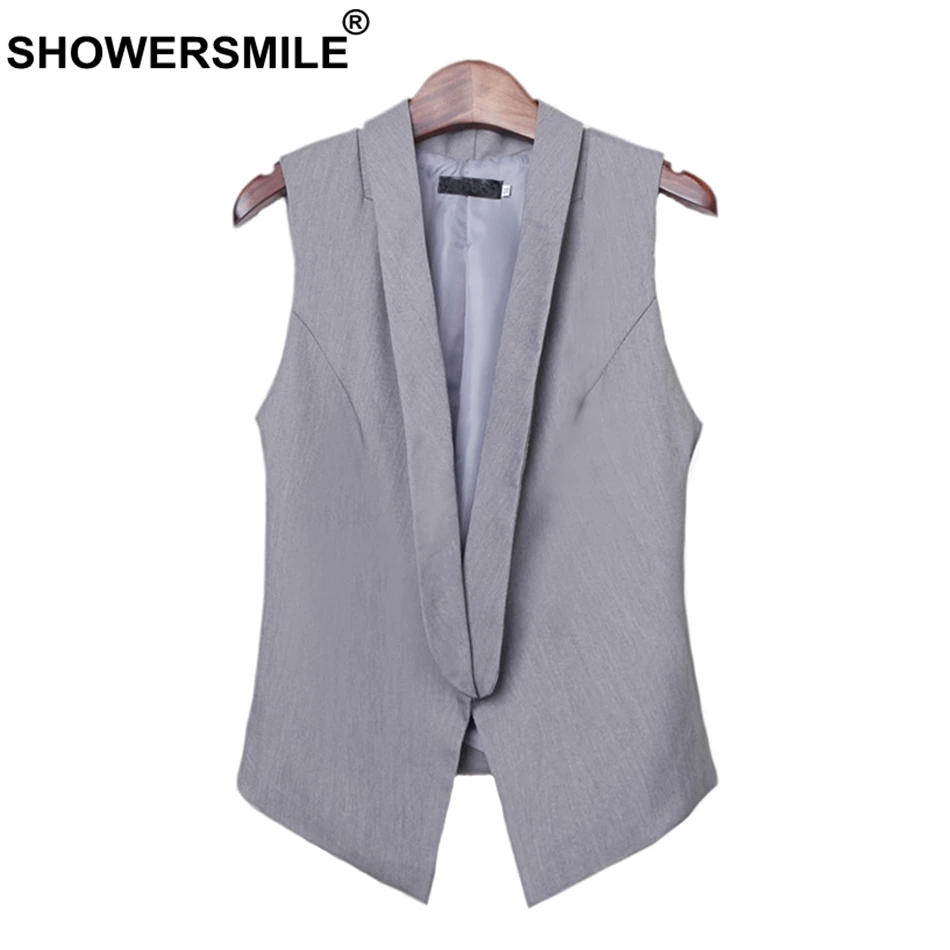SHOWERSMILE Short Vest Women Gray Blazer Cotton Sleeveless Jackets Female Office Uniform Slim solid Ladies Spring Autumn Gilet