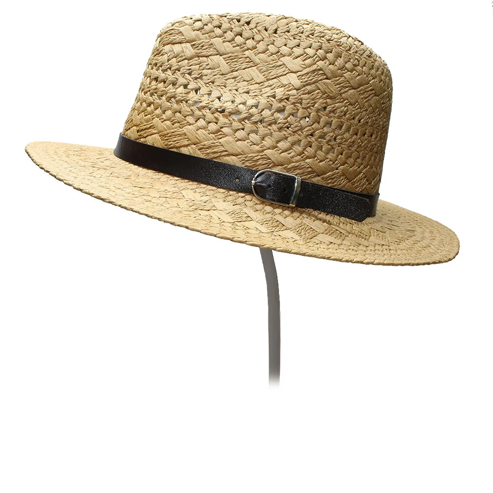 

LUCKYLIANJI Summer Women's Men's Unisex's Sun Beach Raffia Fedora Panama Hat Wide Brim Cap Hollow Out Leather Belt Band (58cm)