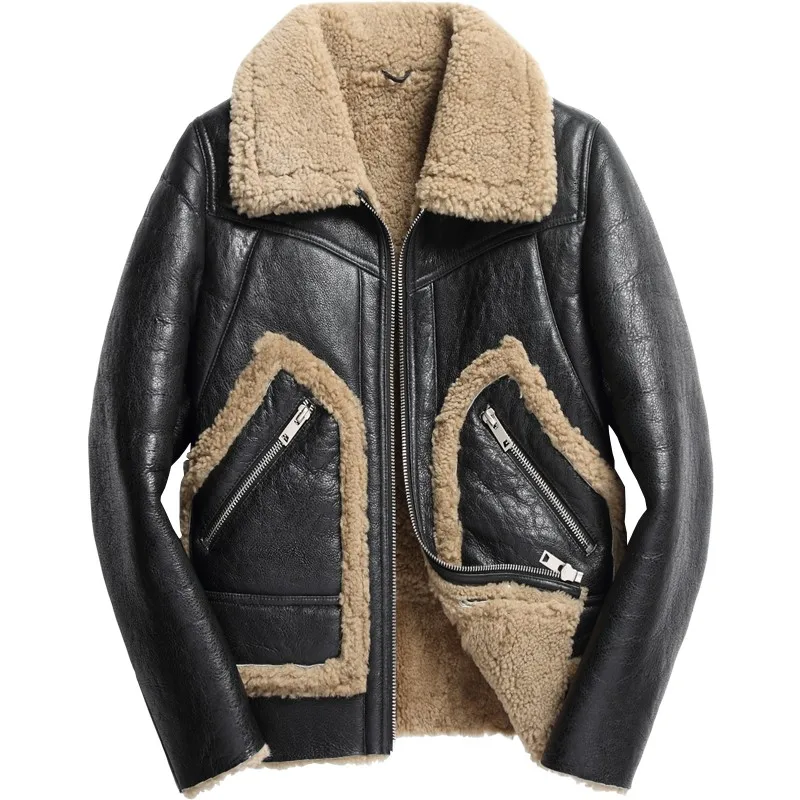 Модная мужская куртка-Авиатор из натуральной кожи, 6XL, овечья шерсть, зимняя, настоящая меховая подкладка, пальто в стиле милитари, тонкая байкерская куртка из овчины - Цвет: black