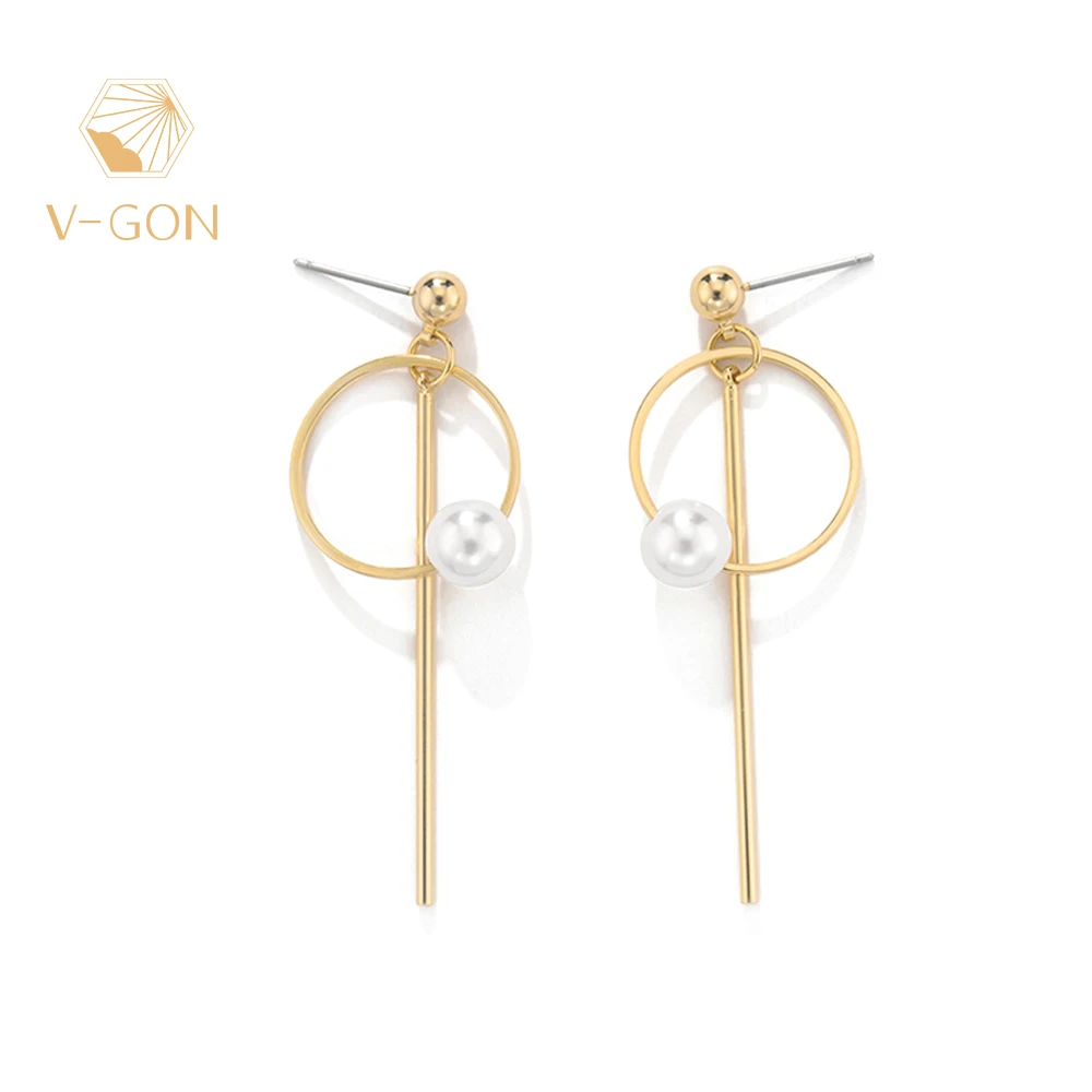 

V-GON Simulated Pearl Gold Earrings 2019 For Women Geometric Round Drop Korean Design Jewelry V-DE0031