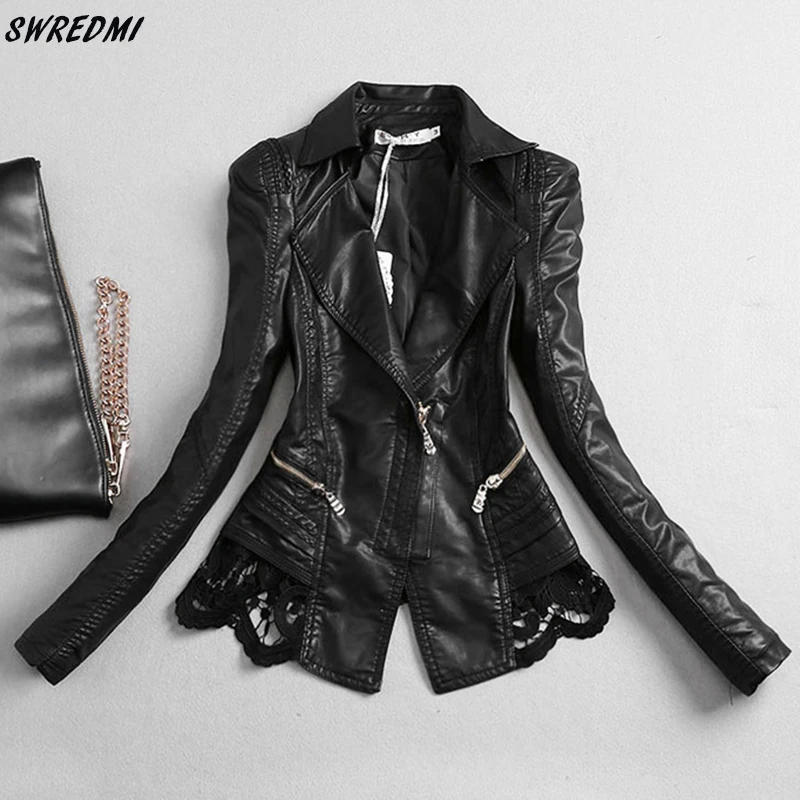 

SWREDMI Women's Leather Jacket 2019 New Slim Fashion Lace Stitching Leather Clothing Female S-3XL Leather Coat Black Tops