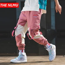 Розовые брюки для бега для мужчин и женщин; Осенние повседневные дизайнерские шаровары с лентами; мужские брюки-карго с цветными вставками; уличная одежда в стиле хип-хоп; WG319
