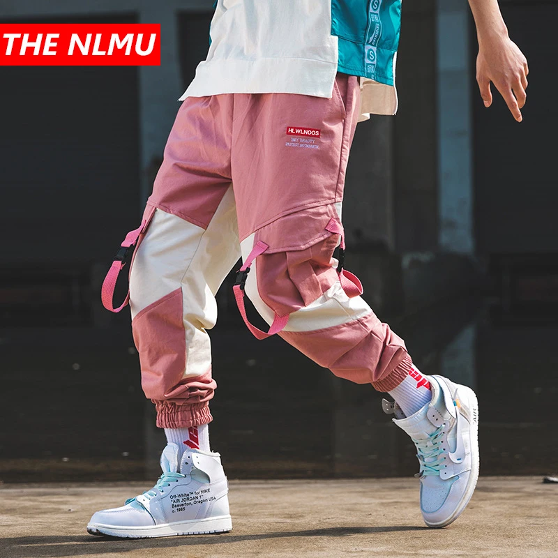 

Pink Joggers Pants Men Women Autumn Casual Ribbon Design Harem Cargo Pants Male Color Block Patchwork Hip Hop Streetwear WG319