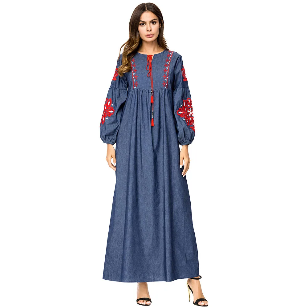 

2019 Retro Tribal Ethnic Embroidery Long Dress Plus Size Women Tassel Tie Neck Lantern Sleeve Denim Maxi Dresses A-Line Robe