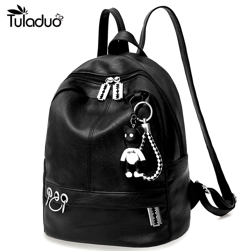 Women Leather Backpack With Mini Bear Casual Preppy Style Backpacks