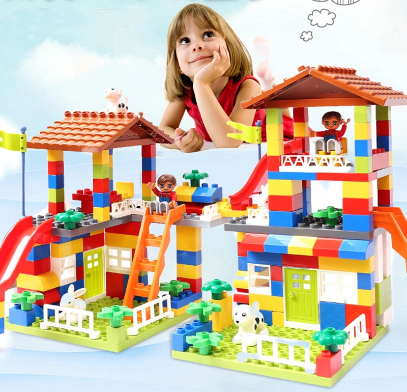

DIY Colorful City House Roof Big Particle Building Blocks Castle Educational Toy For Children Compatible slide