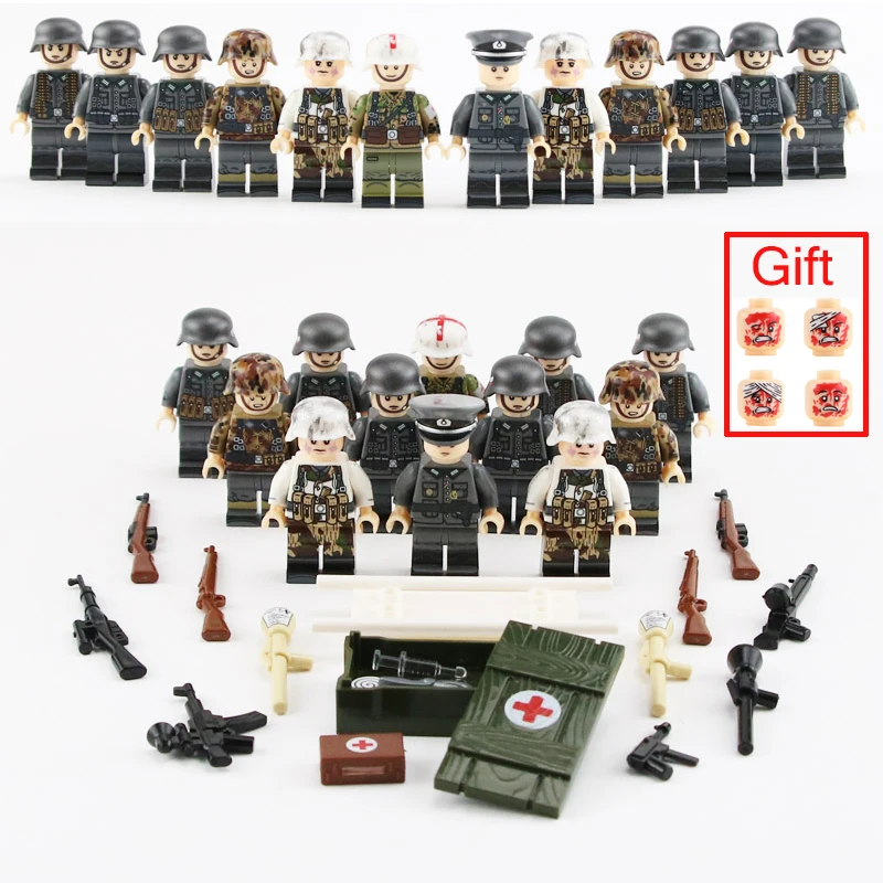 

12pcs WW2 Military Army Soldier Figures Building Blocks German Autumn Soldiers Medic Parts Weapon Helmet Accessories Bricks Toys