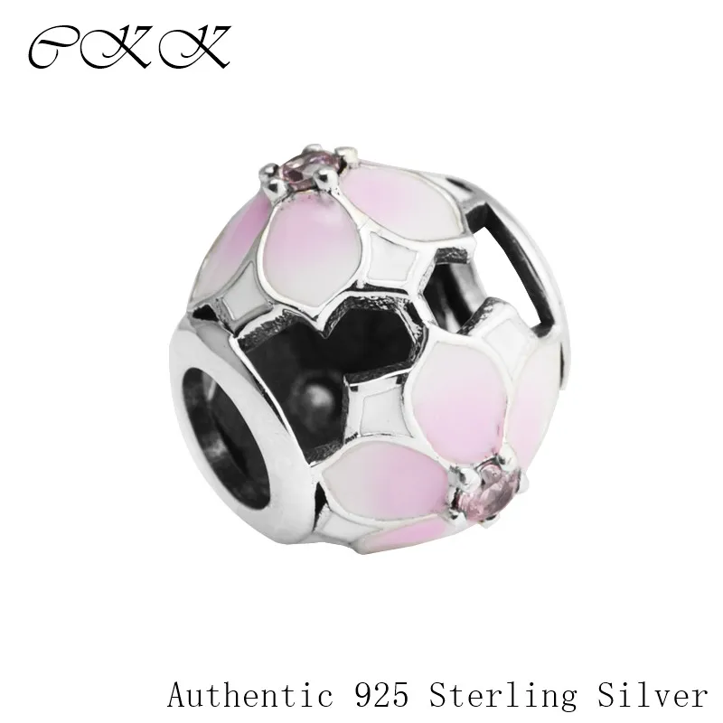 

100% 925 Sterling Silver Magnolia Bloom Beads With Pale Cerise Enamel & Pink CZ Fit Bracelets DIY Fine Jewelry YL511