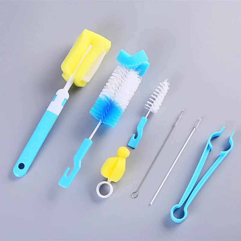 7 pcs/set Sponge Plastic Bottle Brushes Cleaner Bottle Clamp Nipple Clip Glass Milk Bottle Cleaning