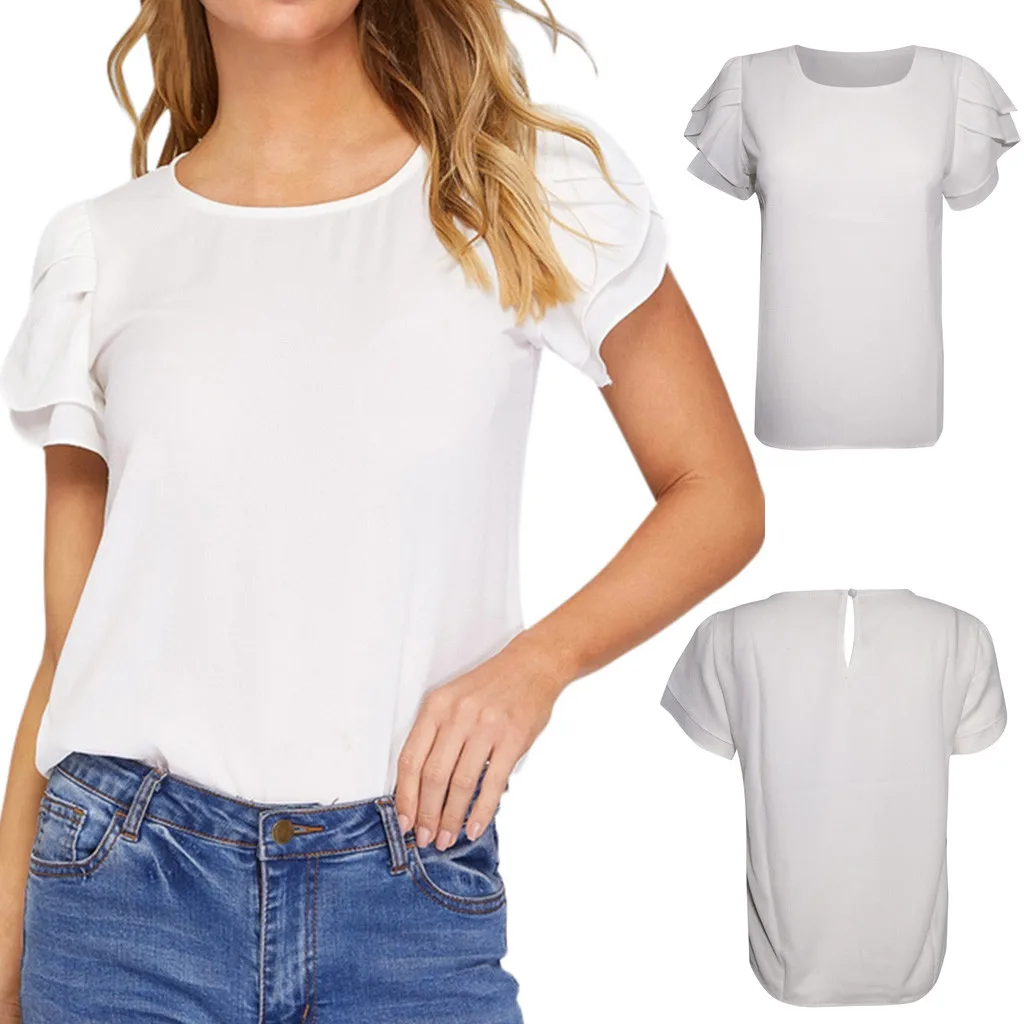 

2019 Korean Clothes Sexy Top Summer Women Short Ruffles Sleeve T Shirt O-Neck Ladies Casual Loose Ladies Tee Shirt Femme Modis 7