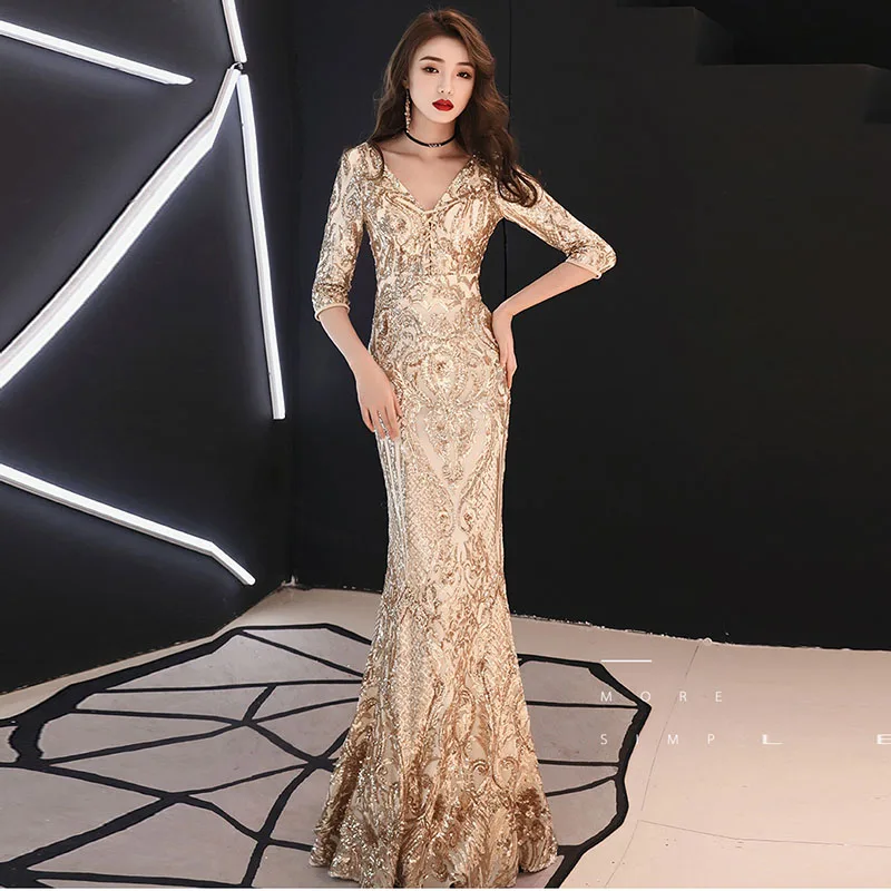 

Luxury Gold Sequins Lace Up V Neck Backless Half Sleeve Mermaid Long Elegant Party Dress 2019 Sexy Women Dresses Night Club Wear