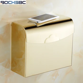 

BOCHSBC Square Toilet Paper Box Waterproof Bathroom Tissue Box Gold Roll Paper Holder Stainless Steel Toilet Paper Box