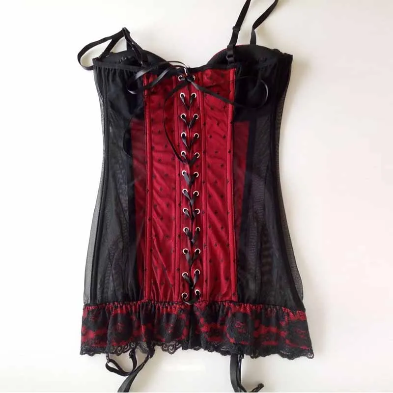 Red Steel Boned Corset Sexy Bustier Mesh Corselet Summer Nightwear Gothic Clothing Lingerie Babydoll Straps Slimming Korset (4)