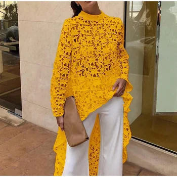 Women Lace Hollow Out Shirts Long Sleeve Irregular Stand Collar Female Loose Blouses 2019 Summer Lady Elegant Solid Beach Tops 1