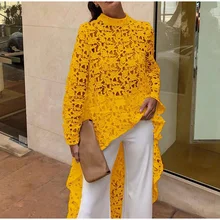 Women Lace Hollow Out Shirts Long Sleeve Irregular Stand Collar Female Loose Blouses 2019 Summer Lady Elegant Solid Beach Tops