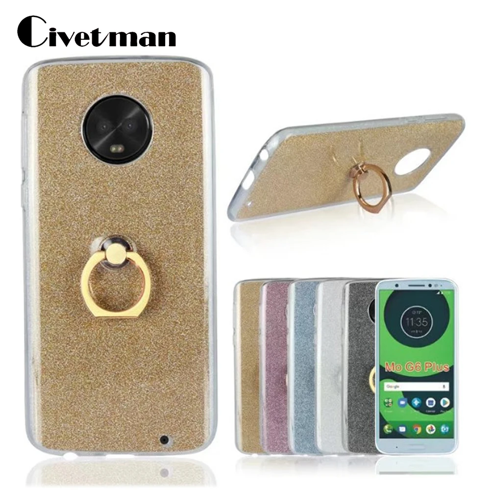 

Cover For Motorola Moto G6 G 6 TPU Silicone Transparent Protection Shell Ring Stent Flash Glitter Powder Moto G6 Plus Phone Case