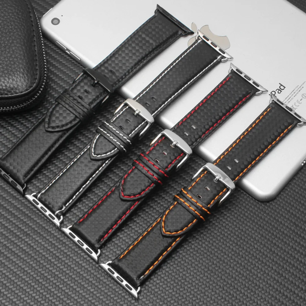 Luxury Strap for Apple watch band 42 mm 38mm Apple watch 4 3 2 1 iWatch band 44mm 40mm Carbon fiber+Leather watchband bracelet