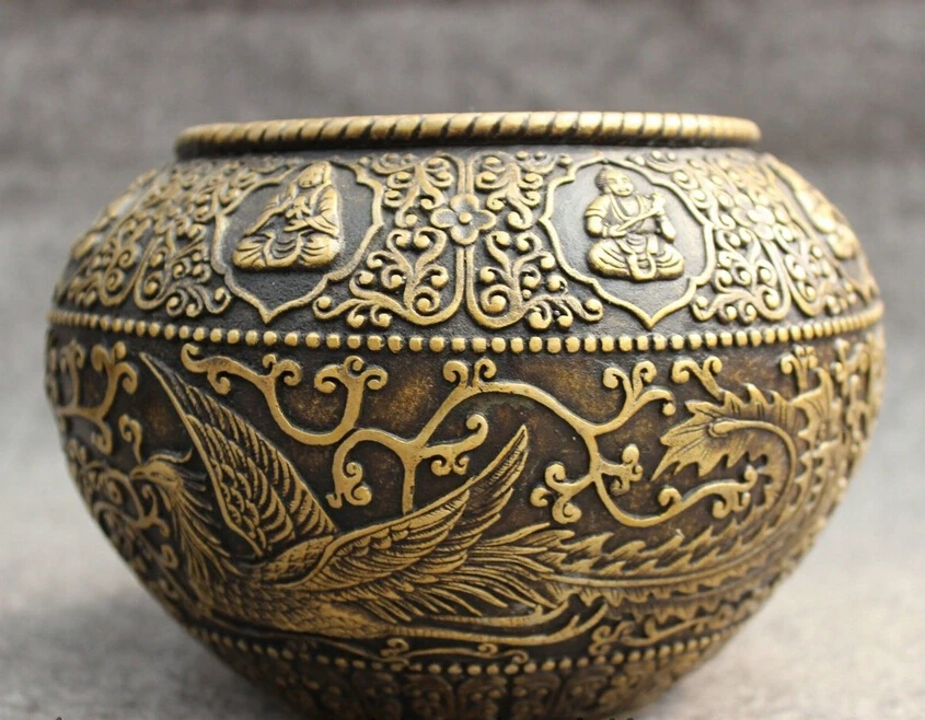 

Folk Chinese Buddhist Bronze Fly Dragon Phoenix Statue Buddha Flower Jar Bowl