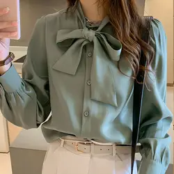 2019 Лето Новое поступление корейский стиль сладкий бант-узел Гладкий шелковистый атласная рубашка женская с длинным рукавом галстук шеи