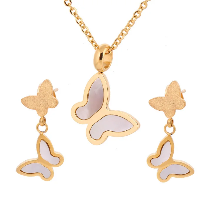 

316L Stainless Steel Butterfly Jewelry Set Wedding Accessories Gold Earrings Shell Jewelry Set Women Necklace Set
