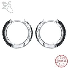 ZS Настоящее серебро 925 проба круглые серьги-обруч проложили Черный Кристалл Циркон Круг Серьги для женщин Huggie Hoop круг серьги