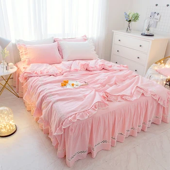 

Korean Pink Princess Bedding Sets Bedspread 3/4pcs queen king Duvet Cover Ruffles Lace Bedclothes 100% Washing cotton Bed Skirt
