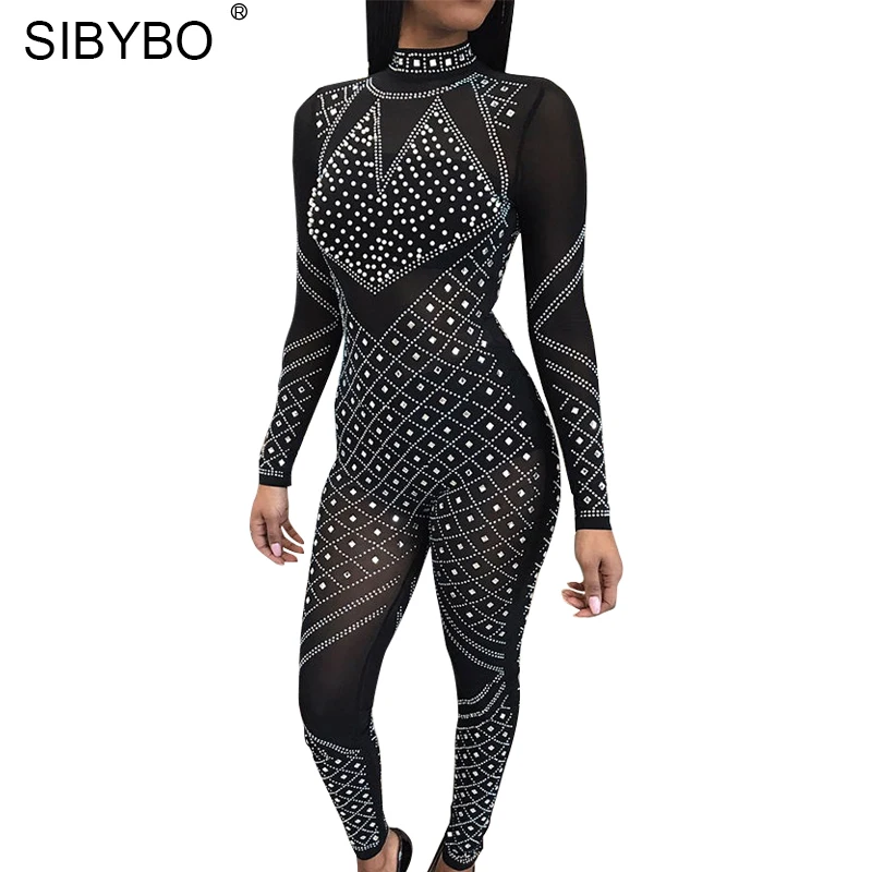 Sibybo Shiny Rhinestone Transparent Jumpsuit Women Long