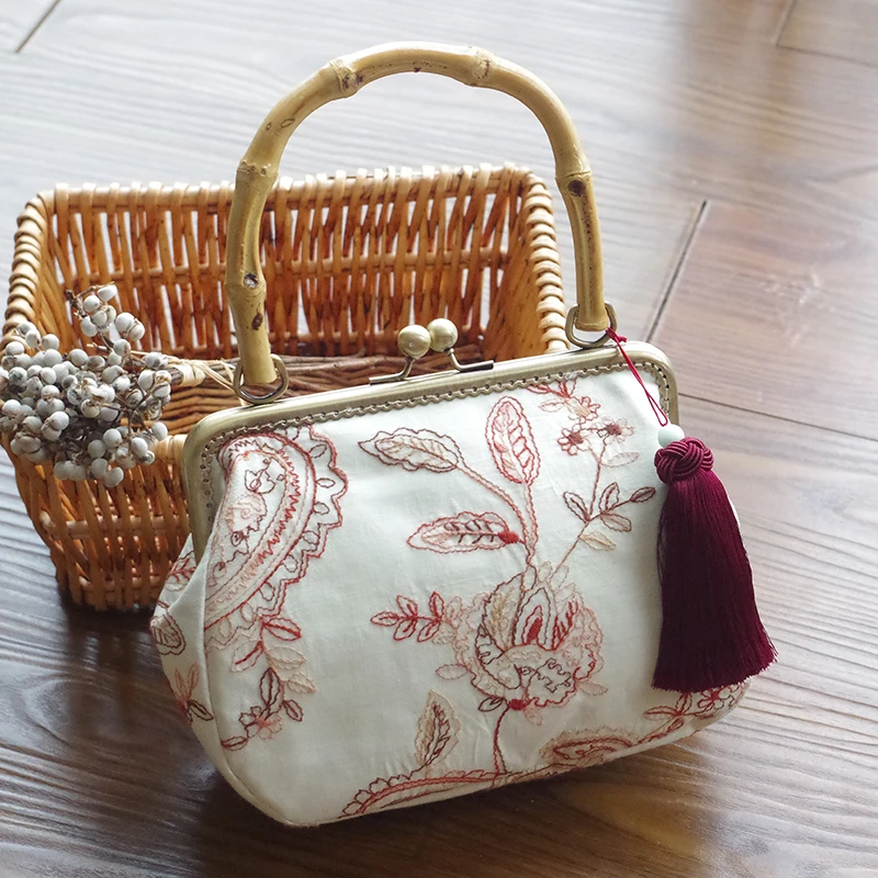 LilyHood الحرفية الخيزران أعلى-حقائب بيد الإناث الرجعية شيك الزهور التطريز نسيج صيني هامش Crossbody حقيبة للنساء