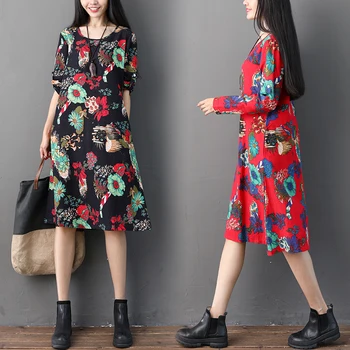 

New Autumn and Winter Traditional Easy Long sleeves Cotton and Linen Woman National Wind Costume Printing Dress NY1881853