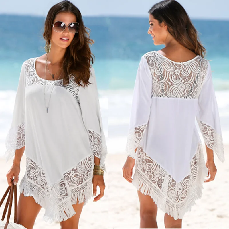 

FORERUN White Beach Tunic Lace Women Summer Beach Dresses Asymmetric Tassel Fringe Short Robe Femme