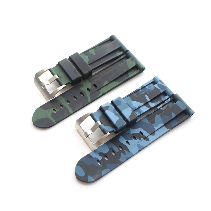 TJP 24mm Camo Blue Green Mens Waterproof Silicone Rubber Watchbands For PAM111 Pam Panerai Big Pilot