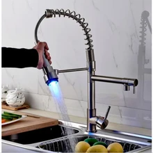 Dual Handles LED Color Change Brushed Nickle Kitchen Faucet Swivel Pull Out Faucet Mixer Tap Hot and Clold Water
