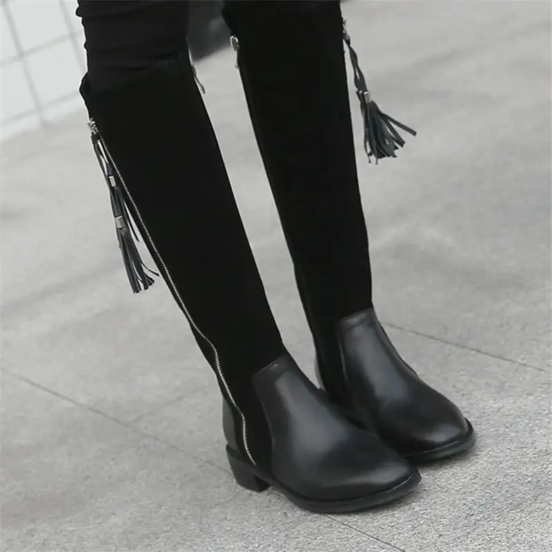 HZXINLIVE 2018 New Woman Boots Genuine Leather Knee High Boots Pointed Toe Womens Winter Boots Square heel Leather Shoes Women Women's Shoes