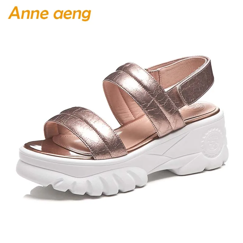 

2019 New Summer Genuine Leather Women Sandals High Wedge Heel Hook & Loop Casual Fashion Women Platform Shoes Pink Sandals