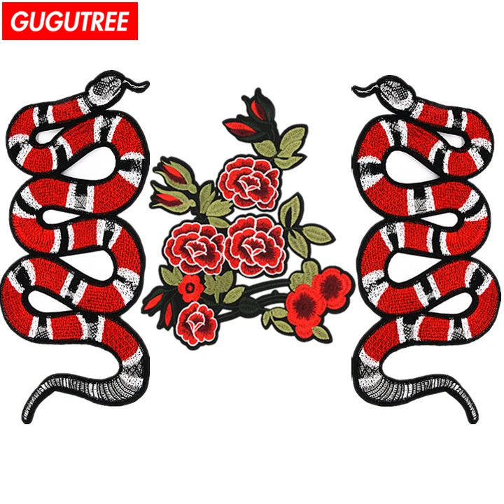 

GUGUTREE embroidery patches red flower patches big red snake patches badges patches for jackets