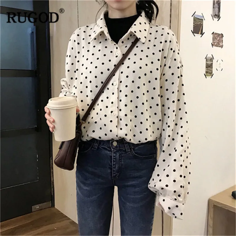 

RUGOD Korean dot Printed women blouse Casual loose long sleeve cotton shirts female Turn-down collarr sweet school shirts girl