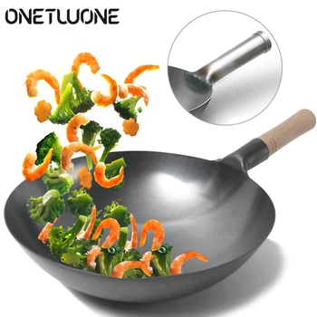 

Traditional Handmade 100% Iron Wok Thickening Non Coated Round Bottom Pan Wok Cook Large Cooking Pot Wood Handle Lid