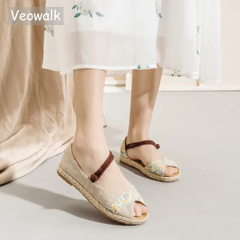 Сандалии Veowalk женские ручной работы льняные Босоножки с открытым носком плоская