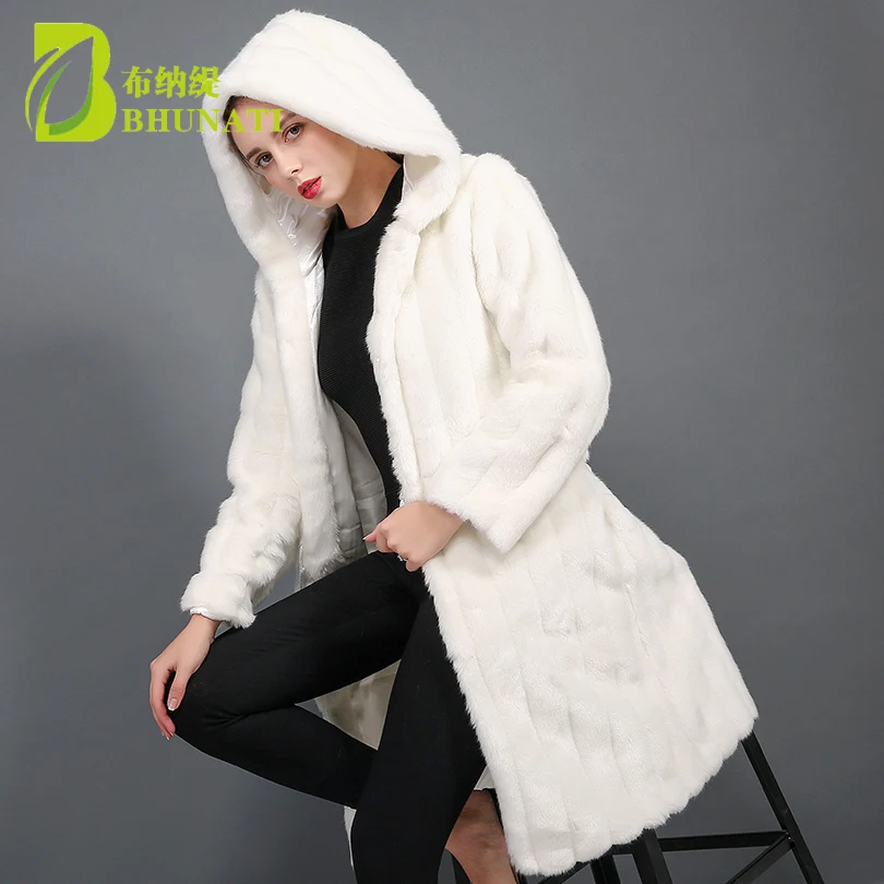 BHUNATI Female Hooded Fur Coat 2018 New Winter Thick Warm Faux Rabbit Long Fur Coats Women Fashion Cardigan Jacket