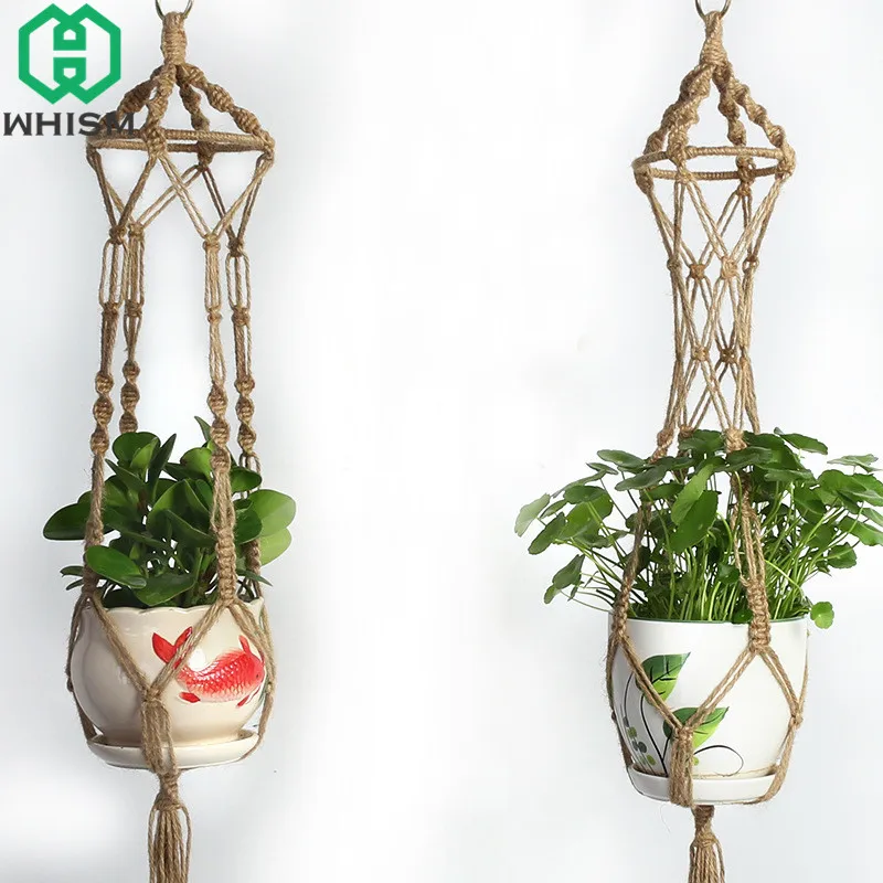 WHISM Hanging Basket Rope Macrame Plant Hanger Planter Holder Vintage Knot Flower Basket Display Garden Flower Pot Lifting Ropes