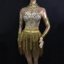 Блестящие золотые платья с кисточками и стразами, танцевальный костюм для женщин, праздничный наряд для дня рождения, DJ Singer, платье с длинными рукавами DN2998