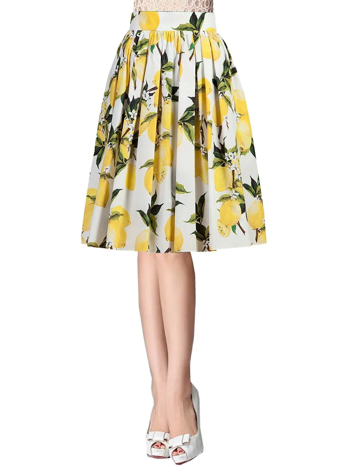 Women's High Elastic Waist Aline Midi Skater Flared Pleated Skirt