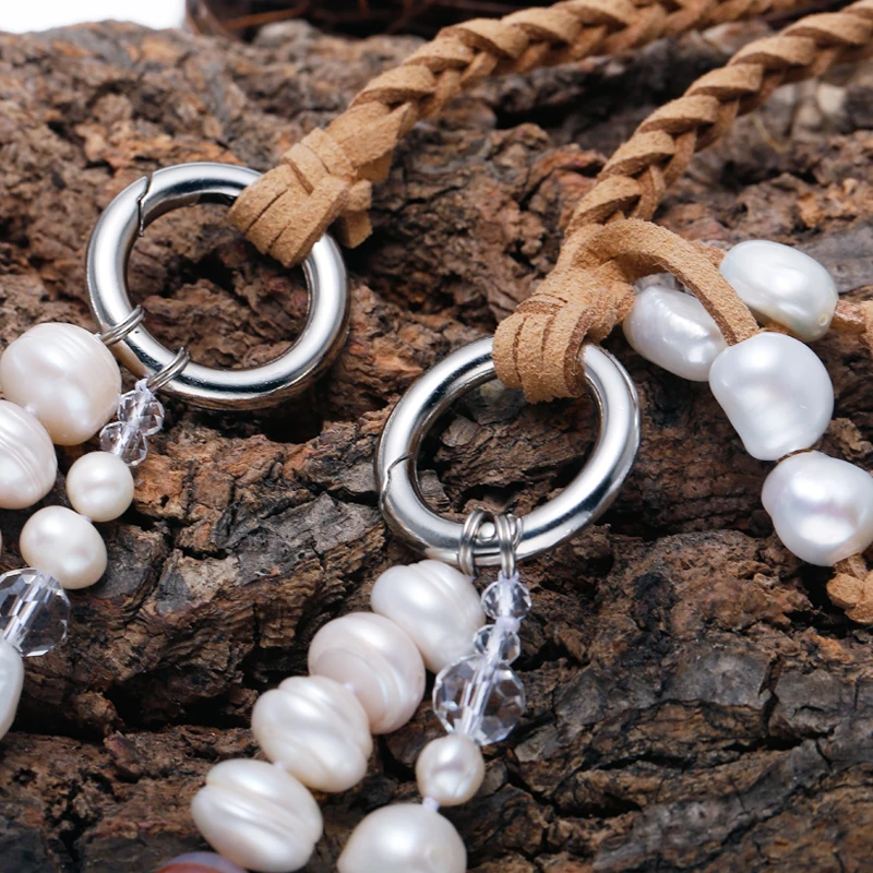 

DAIMI Leather Sweater Chain Necklace 10-11mm Cultured Pearl Jewelry Long Necklace Boho Jewelry