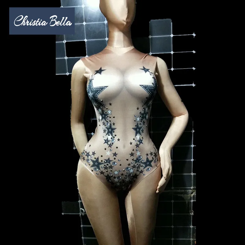 

Christia Bella Fashion Star Print Rhinestone Women Nude Bodysuits Sleeveless Leotard Nightclub DS Dance Costumes Sexy Stage Wear