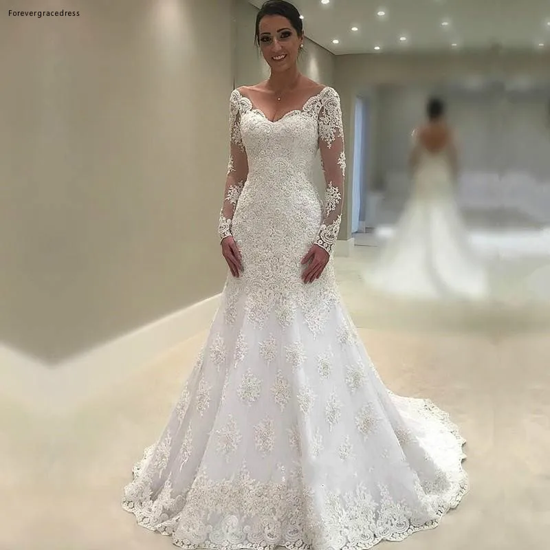 2019 Vestidos De Novia Lace Wedding Dresses Off Shoulder Applique Mermaid Long Sleeves Vintage Bridal Gowns Open Back  178
