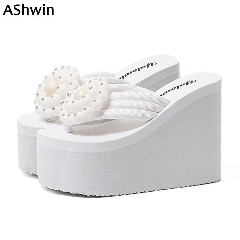 

AShwin rhinestones flip flops super high heels sandals wedge platform thong slipper hawaiian beach slipper bohemia flower shoes