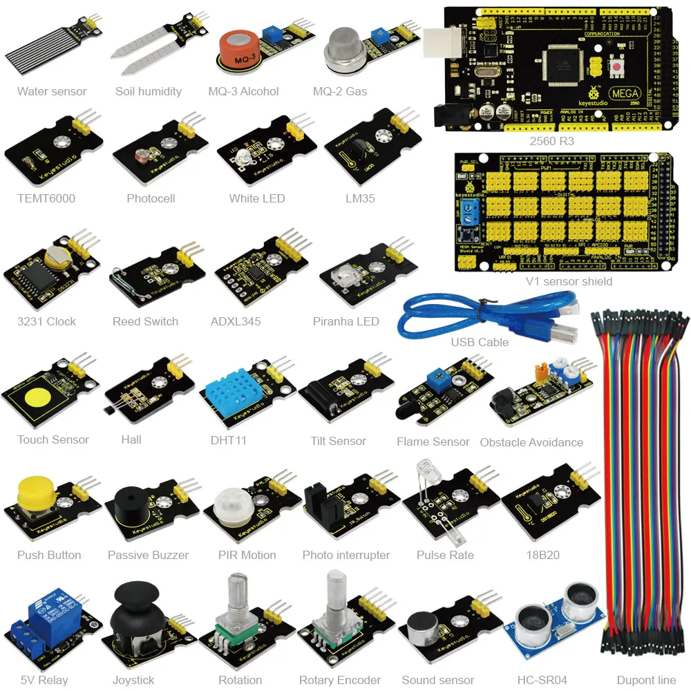 New Keyestudio Sensor Starter Kit With Mega 2560 For Arduino Education Project +Shield V1+Sensors+Dupont cable+PDF(online) New Keyestudio Sensor Starter Kit With Mega 2560 For Arduino Education Project +Shield V1+Sensors+Dupont cable+PDF(online)